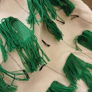 Beige and Green Tassel jacquard Linen Fabric China Fabric Supplier for Zara