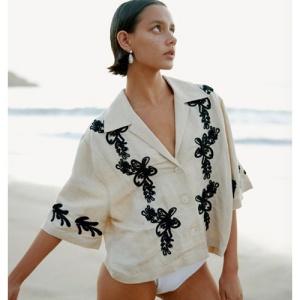 Cream Beige Floral Embroidered Shirt