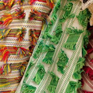 Green and Rainbow Fluffy Tassel jacquard Linen Fabric China Fabric Supplier for Zara