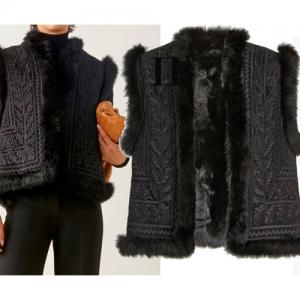 Leaf Embroidered Black Faux Fur Vest