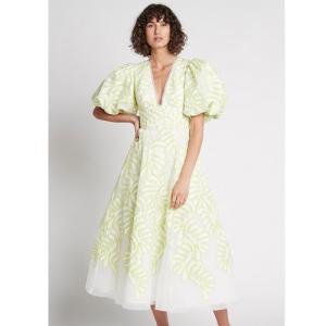 Light Green and White Puff Sleave V Neck Dress