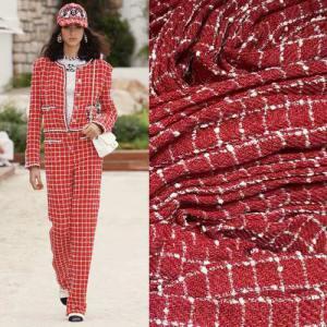 Red and white plaid tartan tweed fabric similar to Chanel style Chinese fabric supplier for Zara