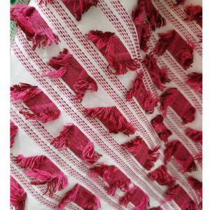 White and Red Tassel Embroidery Linen Fabric China Fabric Supplier for Zara