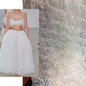 White beaded sequin lace striped fabric China fabric supplier for zara