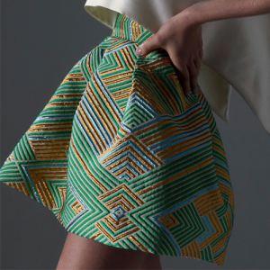 Green and yellow modern geometric jacquard fabric for women's skirt China fabric supplier for zara    
