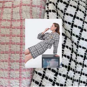 pink and white black plaid tartan tweed fabric similar to Chanel style Chinese fabric supplier for Zara 